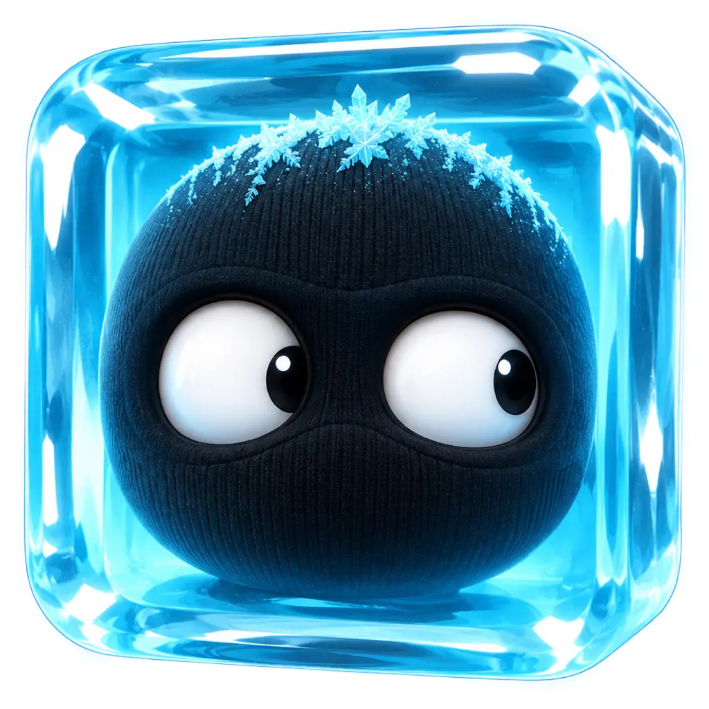 FREEZE mascot: a burglar in a black ski mask, frozen inside a glowing ice cube